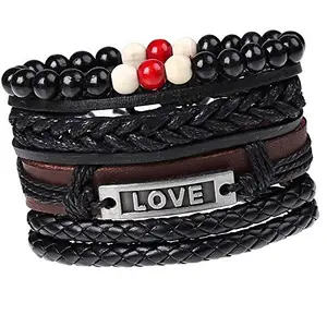 Jewelgenics PU Leather Love Metal Tag Unisex Bracelet | Valentine Leather Bracelet for Men, Women (Set of 4)