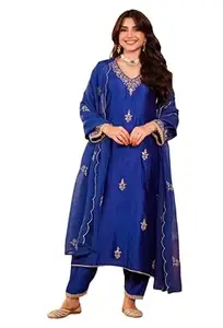 Klosia Women Embroidery Solid Straight Kurta and Pant Set with Dupatta