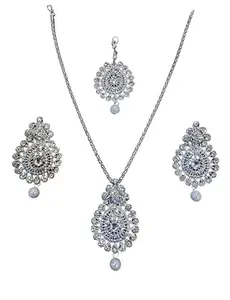 TISOM CREATIONS Women's Silver Polished White Rainbow Sparkling Stones Fitted Pendant Chain Necklace Set With Pair Of Matching Earrings & Teeka