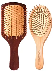OROSSENTIALS Premium Wooden Paddle Hair Brush, Cushioned Bamboo Bristles, Colored Body and Brush Head, for Men & Women