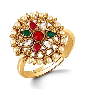 Kanak Jewels Antique Gold Plated Kundan AD Stone Traditional Valentine Collection Gemstone Handmade Gold plated Brass Copper For Women Wedding Party Girls Girlfriend Adjustable Ring KJNRG15