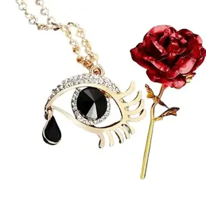 Vientiq Valentine's Day Jewelry Gift Set Angel Black Eye Pendant Chain Necklace with Red Rose