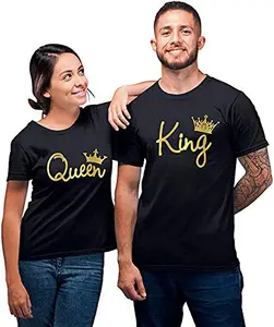 iberry's Couple Men's & Women's Cotton Printed Regular Fit Tshirts (Pack of 2) - King Queen Men L/Women XXL Black