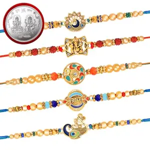 De Marquis 5 Designer Rakhi + 1 Pooja Coin Gift Set for Brother, Mauli Thread Rakhi, Chawal Roli Pack, Greeting Card Set (5 Multicolor RAKHI set in different design with Roli and chawal)