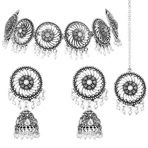Peora Traditional Silver Plated Beads Studded Choker Necklace Jhumki Earrings & Maangtikka Ethnic Jewellery Set for Women Girls