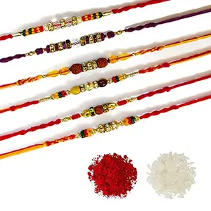 DMS RETAIL Multicolor Combo Of 6 Beads Rakhi For Brother With Roli Chawal (Combo8)