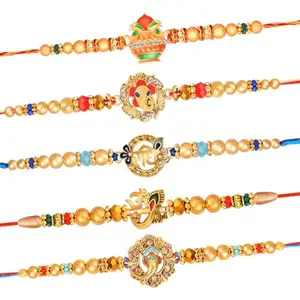 De Marquis Rakhi Combo Set of 7, 5 Rakhi Set, 1 Roli Chawal Pack, 1 Greeting Card for Bro/Brother/Bhaiya/Bhai/Bhabhi/Sister/Kids Happy Rakshabandhan