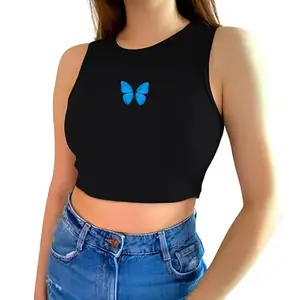 FASHION AND YOUTH Butterfly Printed Round Neck Women Rib Top