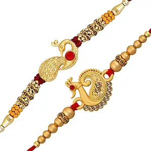 Alluring Gold Plated Floral and Pearl Rakhi (Bracelet) with Roli Chawal (peacock rakhi)