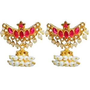 Traditional Gold-Plated Jhumka Earrings with Pink Stones and Pearl Drops, Traditional Indian Design