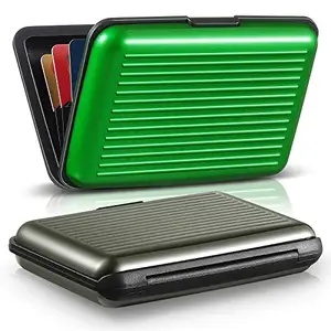 BBTO 2 Pieces Credit Card Holder Slim Mini RFID Blocking Credit Card Protector Aluminum Business Card Case Metal ID Organizer Wallet with 7 Slots for Women Men (Green, Gray)