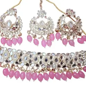 Pink Beads Cluster Drops Mirror Choker Necklace & Earring Set For Women Bridal Partywear Jewellery