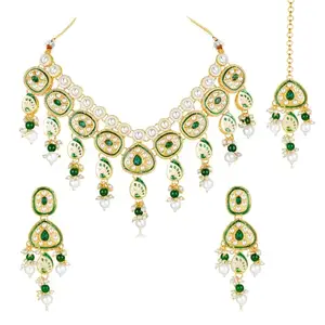Peora Gold Plated Green Kundan & Beads Studded Choker Necklace Dangle Earrings & Maangtikka Set Ethnic Jewellery for Women & Girls