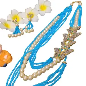 Royal Pearls And Butterfly Pendant Necklace With Blue Color Crystal Jewelry Set