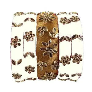 pratthipati's Silk Thread Bangles Stones Chuda Bangle Set (Gold-White) (Size-2/10)