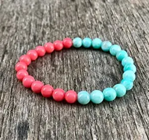 LKBEADS Natural Blue Amazonite & Pink Coral 8mm Round Shape Smooth Cut Beads 6.5 inch Stretchable Bracelet for Men & Women.|STBR_RR_00637_6.5