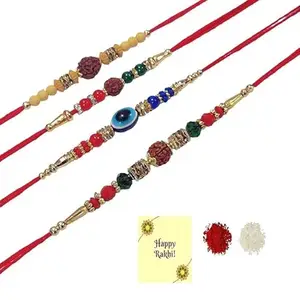 Avanti Creations Set of 4 Rudraksh Rakhi,Evil Eye Rakhi Greeting Card and Roli Chawal for Brother| rakhi for brother
