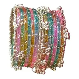 Kashmiri Ghungroo & Multicolour Glass Bangles Set for Women| Raindrop Bangles with Golden Beads & Crystal | Traditional Festival Wedding Chudi | Pack Of 16, Size 2.4