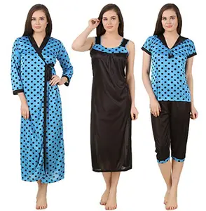 Fasense Women Satin Nightwear Sleepwear 4 Pc Set of Long Nighty, Wrap Gown, Top & Capry DP156 (Large, Turquoise & Black)
