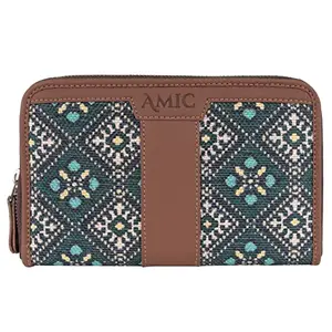 Amic Handcrafted Vegan Leather with Jute Printed Chain Wallet (Peacock Green)