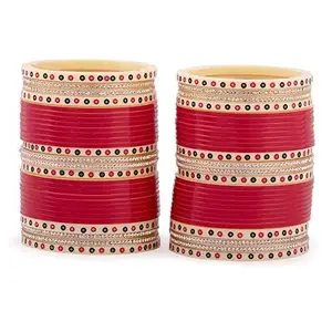 T4 Jewels Silver Stones Studded Red Bridal Chuda/Chura Wedding Bangles For Women & Girls_Red Chuda_2.6