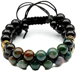 Lady Works Natural Bloodstone & Black Onyx Threaded Double Layer Bracelet 8mm Round Smooth Beads Bloodstone & Black Onyx Adjustable Thread Bracelet. Unisex Macrame Yoga Bracelet.|LW_TDBR_0055