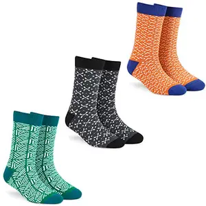 DYNAMOCKS Men's and Women's Combed Cotton Designer Crew Length Socks (Pack of 3) (Multicolour, Free Size) (Savvy Tangy + Grill + Criss Cross)