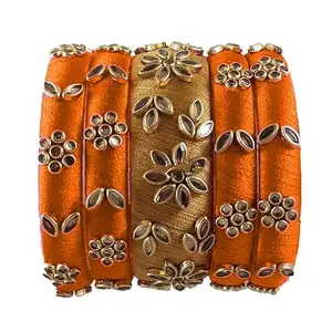 pratthipati's Silk Thread Bangles Stones Chuda Bangle Set (Gold-Orange) (Size-2/6)