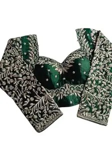 Women's Pure Vichitra Silk Embroidered V Neck Blouse Long Sleeve Readymade Saree Blouse Indian Ethnic Designer Stitched Blouse