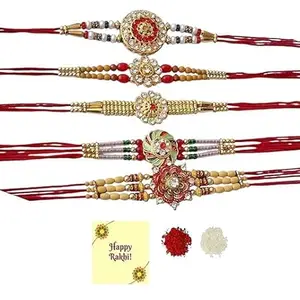 Avanti Creations Set of 5 Kundan Rakhi for Bhaiya Bhai Boy Raksha Bandhan Designer Meenakari Rakhi Greeting Card And Roli Tilak.