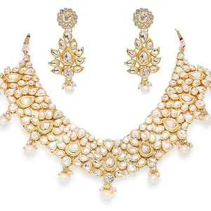 OOMPHelicious Jewellery Gold Tone Kundan & Pearls Heavy Ethnic Necklace Set with Drop Earrings For Women & Girls Stylish Latest (CN^EAR-NEVM24_CC1)