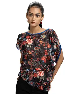 SHAYE Multicolor Casual Short Sleeves Boat Neck Floral Top for Women