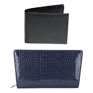 Leather Junction Artificial Leather Black Men's Wallet Blue Women's Wallet Combo Set (214060133711)