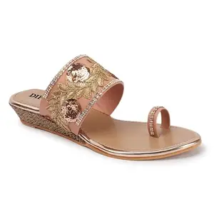 DIPYO Women's Floral Embroidered Ethnic Slip-On Sandals – Comfortable & Fashionable Peach Party Footwear
