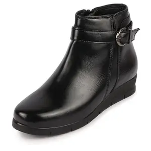FAUSTO FST KI-919 BLACK-38 Women's Black High Ankle Broad Feet Side Zipper Closure Casual Buckle Boots (5 UK)