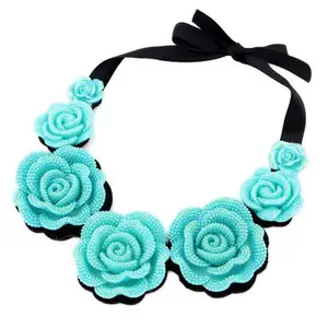 Giftipedia Handmade Turquoise Rose Floral Necklace with Black Ribbon, 40 cm