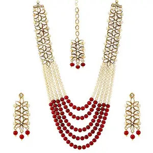 Gyaan Jewel's long pearl necklace set for women (maroon)