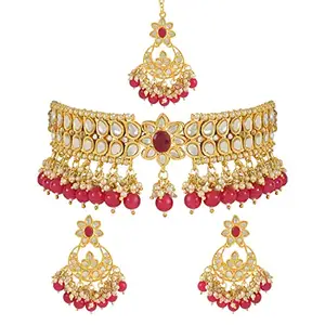 I Jewels 18k Gold Plated Traditional Pearl Kundan Studded Choker Jewellery Necklace Set with Maang Tikka for Women (K7242Q)