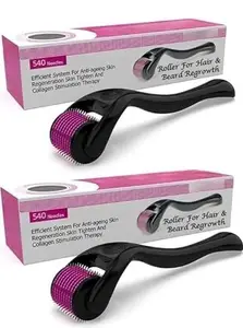 Derma Roller with 540 Titanium Micro Needles, 0.5mm, Hair and Beard Growth Stimulator Pack of 2