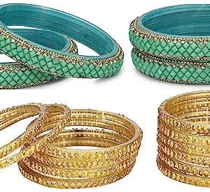 Somil Combo Of Wedding & Party Colorful Glass Bangle/Kada, Pack Of 16, radium,Golden
