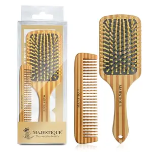 Majestique Paddle Detangling Hair Brush with Comb, Anti-frizz Styling Combo for Curly Fine Wavy Normal Hair, Scalp Massage Brush, Wet or Dry Use, Bamboo Bristles, Fiber Made - 2Pcs