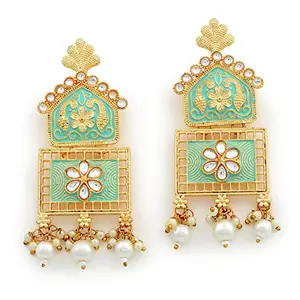 Accessher Ethnic Gold Plated Mint Green Meenakari and Sparkling Kundan Embellished Statement Dangler Earrings with Push Back Closure for Women
