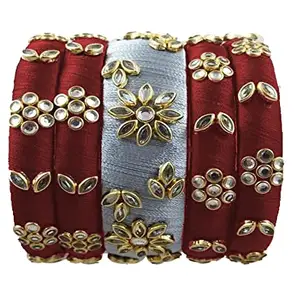 pratthipati's Silk Thread Bangles Stones Chuda Bangle Set (White-Maroon) (Size-2/12)