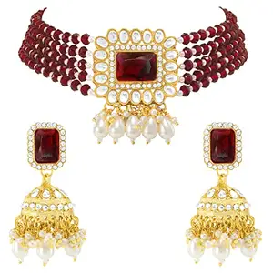 Peora Gold Plated Kundan Dangling Pearls Choker Necklace With Earrings Jewellery Set for Women (Maroon)