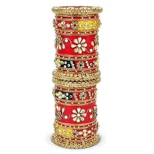 BRIDAL GARNISH "Regal Rajwada Style Chura: Seven Color Splendor with Kundan Handwork, Red Kada, and Bangles (Tricolour, 2.4) For Women