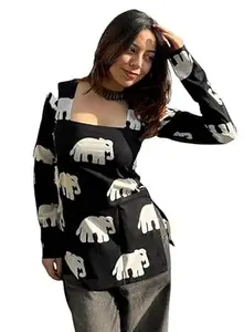 LAKHDATAR FASHION Women’s Black Elephant Print Kurti | Full Sleeve Square Neck Cotton Kurti for Women | Stylish Casual & Indo-Western Outfit