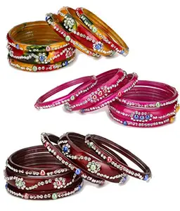 Glass Bangle Cum Kada Ornamented With Colorful Chips Set Of Three Matching And Trendy Color(Six Piece Each Color)-co38 (ComboB-L.a.a_bang)