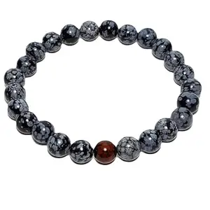 RRJEWELZ Natural Snowflake Obsidian with Tigers eye 8mm Round Shape Smooth Cut Beads 7.5 Inch Stretchable Bracelet for Men & Women.|STBR_RR_08319_7.5