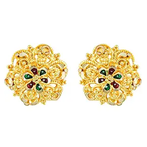 MEENAZ Traditional Temple 1 One Gram Gold Studs 18k Brass Ethnic South Indian Meenakari Antique Screw Back Flower Round Stud Earrings Combo Set Pack For Women girls Latest -GOLD EAR RINGS STUD-M112