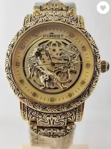 LEathertone Men Forest Luxury Men's Watch, Gold-Tone Tiger Design, Carved Pattern Band, Skeleton Dial Perfect Wear for Party Weeding and Casual Formal Wear